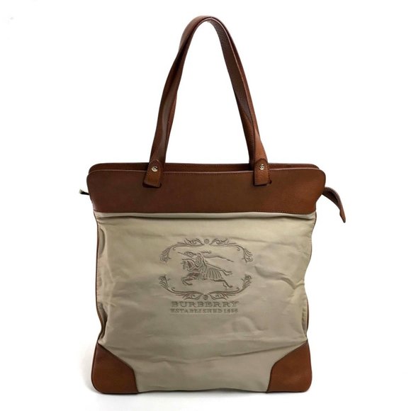BURBERRY Shoulder Tote Bag Canvas Leather Beige Men's Women's - Picture 1 of 10